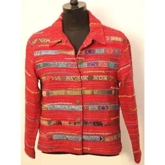 Ladies Coldwater Creek Red With Multi Colors Blazar LRG Raised Lines/Velvet etc. - Picture 2 of 12